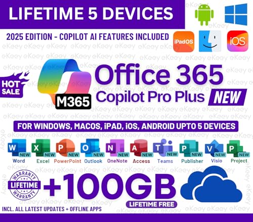 Image of MS OFFICESUITE Copilot 365 Pro Plus | New 2026 Premium Edition | (5 Devices, Lifetime Validity) for Win, iOS, macOS, iPADOS, Android | 100GB Cloud Storage for lifetime | Regular Updates with Unlimited Reinstallations | Quick Delivery