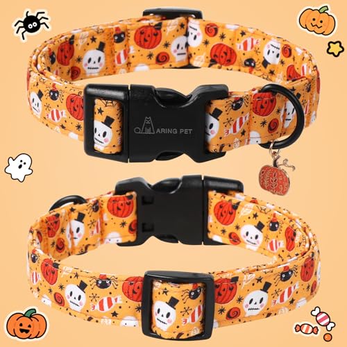 ARING PET Halloween Hundehalsband, Niedlich Kürbis Hundehalsband mit Schnellverschluss aus Kunststoffschnalle, Bequemes Orange Baumwoll Halsband für Jungen und Mädchen Hunde