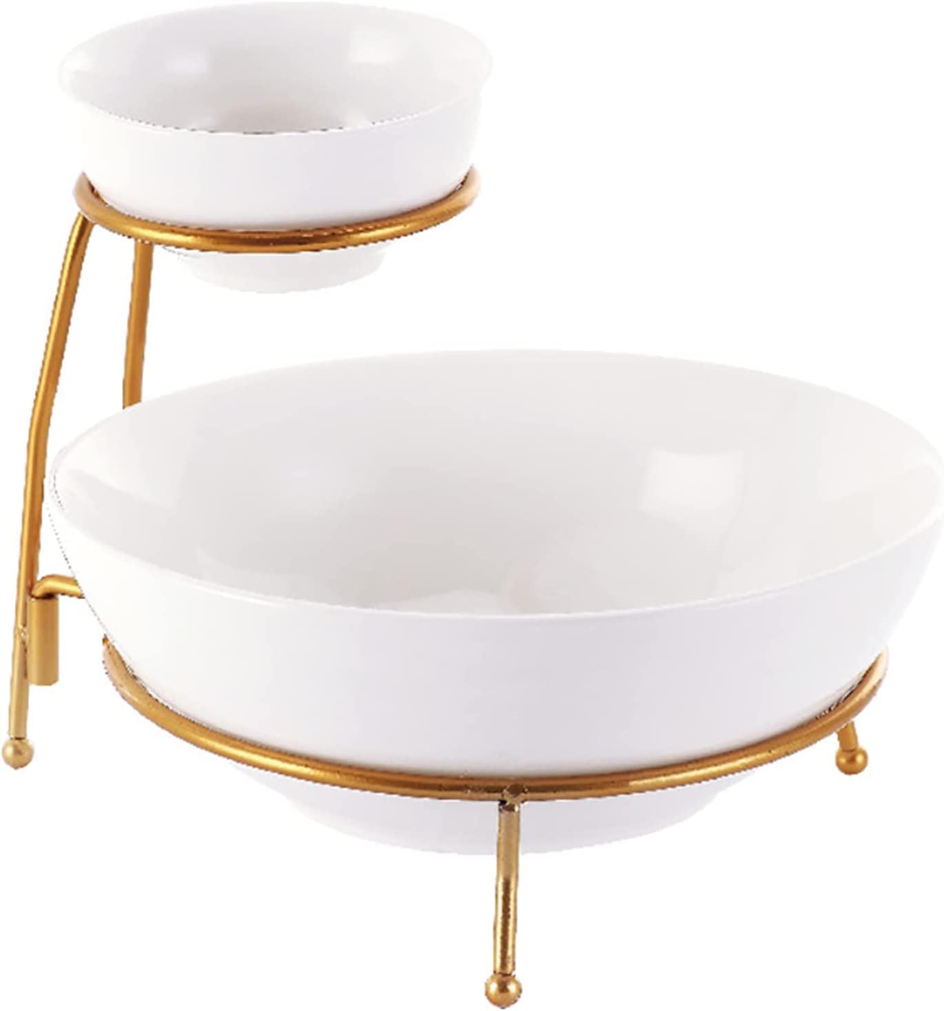 Bone China Shallow Chip and Dip Serving Set, 2 Tier Chip and Dip Bowls with Stand,, White/Gold, DY20481-NG