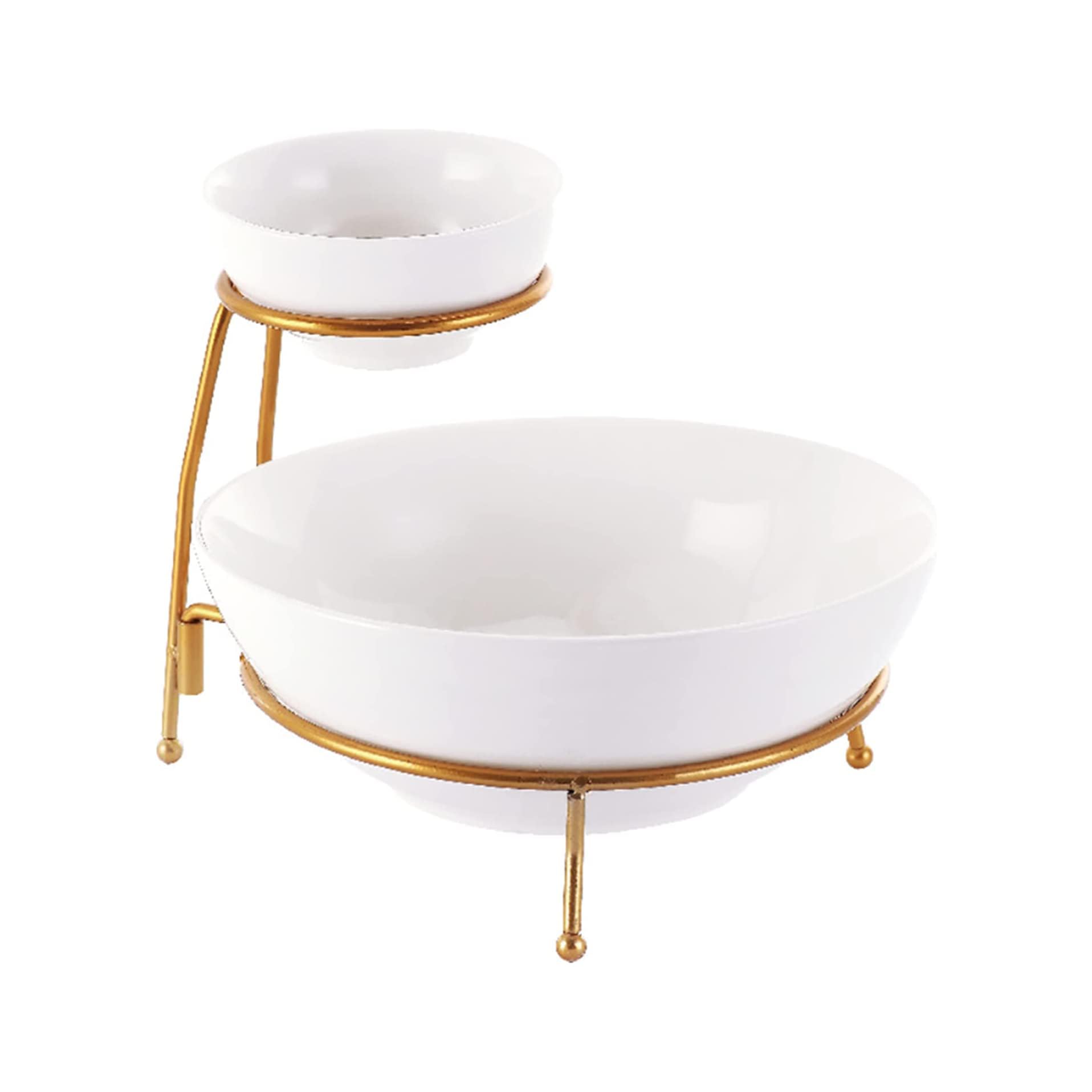 Bone China Shallow Chip and Dip Serving Set, 2 Tier Chip and Dip Bowls with Stand,, White/Gold, DY20481-NG