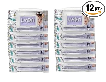 Lyon baby wet wipes with lid enriched with aloe vera and vit e (80 wipes per pack) Pack of 12