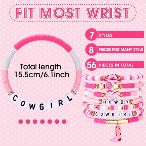 56 Pcs Western Cowgirl Pink Heishi Bracelets Western Themed Party Birthday Supplies Gift Stackable Rainbow Clay Beaded Stretch Bracelets Friendship Summer Beach Jewelry2