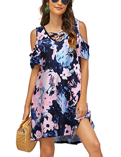 Image of Bluetime Women Cold Shoulder Summer Dress Short Sleeve Beach Casual Loose Swing Dress