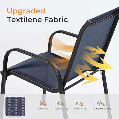 Image of HAPPATIO Outdoor Patio Dining Set, 4 Quick Dry Textilene Dining Chairs and Square Dining Table with Umbrella Hole, Stackable Textilene Chairs for Garden, Patio and Poolside Backyard,Navy