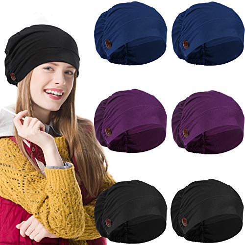 6 Pieces Bouffant Caps with Buttons, Soft Unisex Stretch Headband Elastic Turban Headwrap with Ear Loop Holder Button (Black, Navy Blue, Deep Purple)