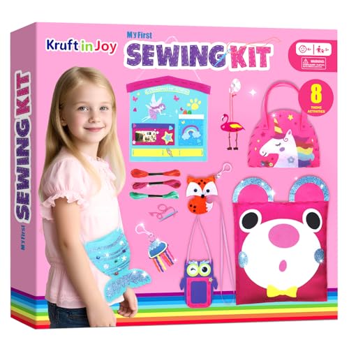 Kruft in Joy My First Sewing Kit Fun Felt Craft for Kids-8 Easy DIY Project twiggle Stuffed Animal Doll Plush Pillow Bag Charms Unicorn Mermaid Bear Fox Owl Learn to Sew Embroidery Gift for Girl 5 12