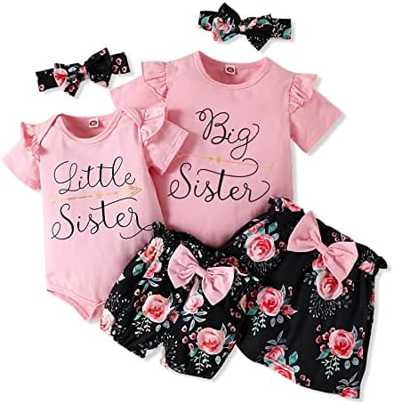 AMAWMW Big Sister Little Sister Matching Outfits Romper/Shirt+Shorts/Skirt+Headband Toddler Baby Girl Summer Clothes