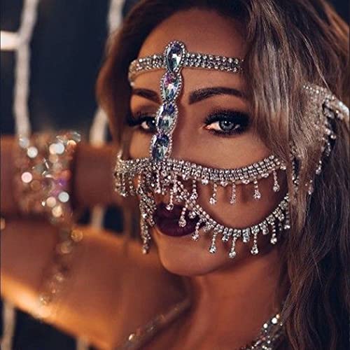 Fdesigner Crystal Flapper Headpiece Wedding Face Mask Head Chain Gatsby Rhinestone Women Hair Accessories for Festival Party Club (Uniuqe-Silver)
