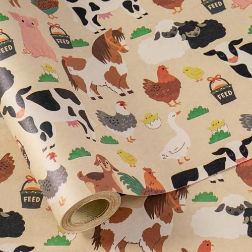 RUSPEPA Kraft Farm Animal Wrapping Paper Roll Mini Roll Cow Pig Horse Sheep & Chicken Pattern Kraft Gift Wrap for Kids Animal Lovers Farm Party Baby Shower Birthday 17 Inches x 16.4 Feet