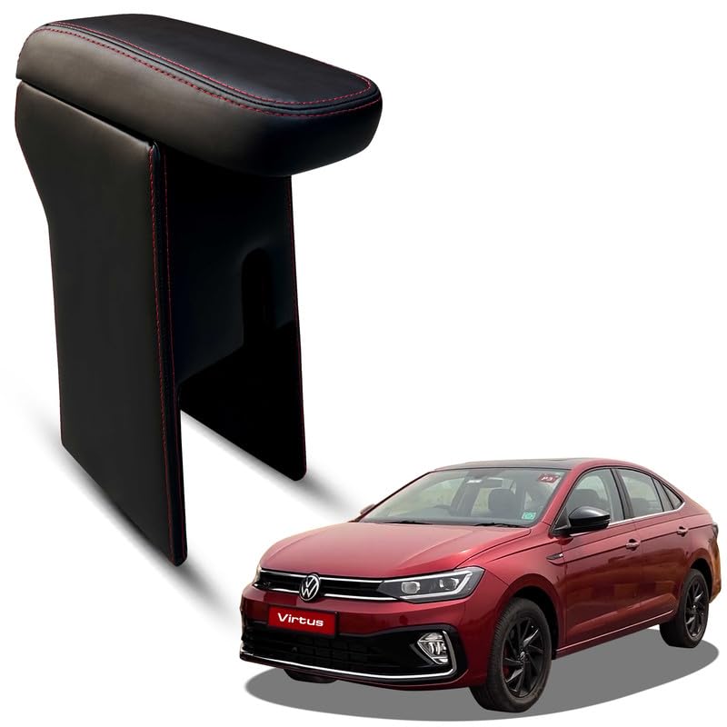 Image of Carigiri Premium Finish Car Armrest with Storage Box And High Density Moulded Foam For Volkswagen Virtus (Black With Red Seam,Nappa Leatherette)