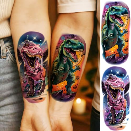 Image of VANTATY 12 Sheets Watercolor Dinosaur Temporary Tattoos For Kids Men Women Adults Forearm Tattoo Sticker, Realistic 3D T-Rex Fake Tattoos For Boys Girls Teens Children Tattoos Long Lasting Waterproof