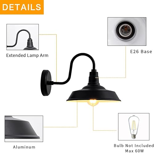 Miniatura 6 de Double century Luz de granero de aluminio de 10 pulgadas, lámpara de cuello de cisne antioxidante, lámpara de pared exterior impermeable para patio,