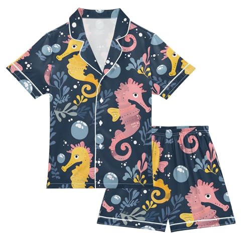 ALAZA Seahorse Leaves Navy Blue Satin Pajamas Set Short Sleeve Button Down Sleepwear Summer Pjs 2 Piece