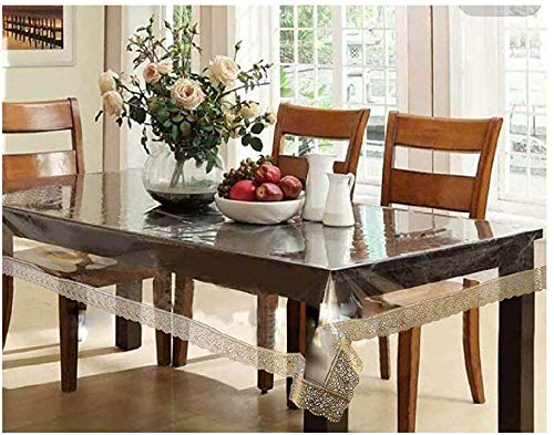 T R K Hub Table Cover Medium Size Clear 4 to 6 Seater Self Design 54 x 78 Transparent Table Cover (Plastic Gold Lace)