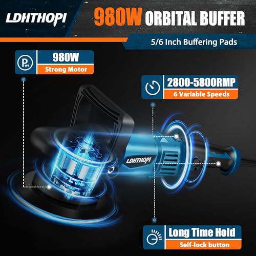 Image of LDHTHOPI Dual Action Polisher, 980W 5 /6 Inch, 2026 Upgraded 9MM Random Orbital Buffer Polisher for Car Detailing, 2800-5800RMP, 6 Variable Speed Buffer Polisher with 8 Detachable Pads