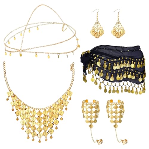 Forbabe 7 Stück Bauchtanz Kostüm Damen, Bauchtanz Hüfttuch Goldmünzen Ohrringe Armbänder Halskette und Kopfschmuck, Wahrsagerin Kostüm für...