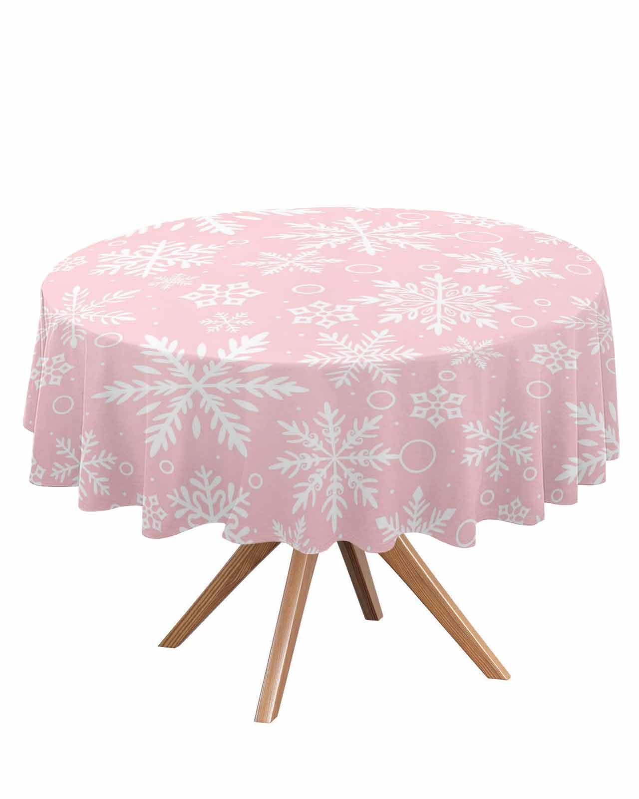 DecorLovee Pink Christmas Snowflake Round Tablecloth 60 Inch - Waterproof Fabric Table Cloth Protector, Xmas Winter Snowflake Christmas Tablecloths