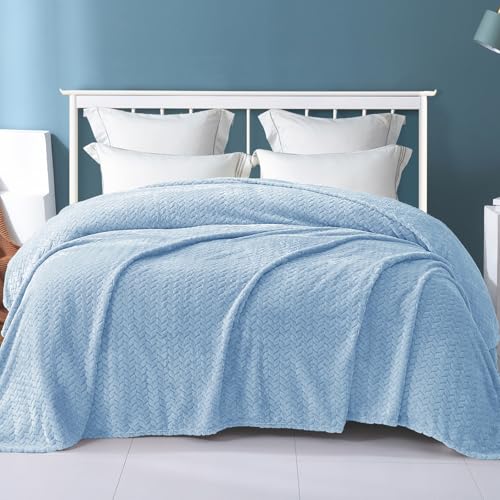 Image of Exclusivo Mezcla Light Blue Fleece King Size Blanket for Bed, 90x104 Inches Soft Cozy 3D Decorative Jacquard Flannel Blankets, Lightweight Fuzzy Plush Warm Blankets for All Seasons