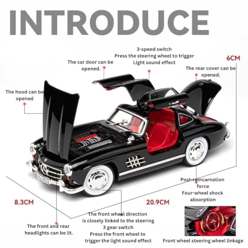 Image of 1:24 Scale Mercedes Benz 300SL Classic Toy Car | Metal Pullback Diecast Car for Kids with Openable Doors, Sound, Light Effects Toy for Car Enthusiasts (Color As Per Available),black