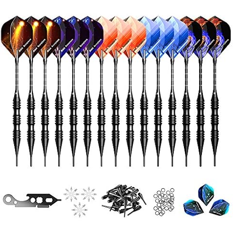 Darts Plastic Tip, UZOPI Soft Tip Darts Set for Electric Dart Board, 15 Pcs 20 Gram Darts with Extra 120 Plastic Tips & 3 Flights, Flight Protectors & Storage Bag, Aluminum Shafts & Barrels Cover