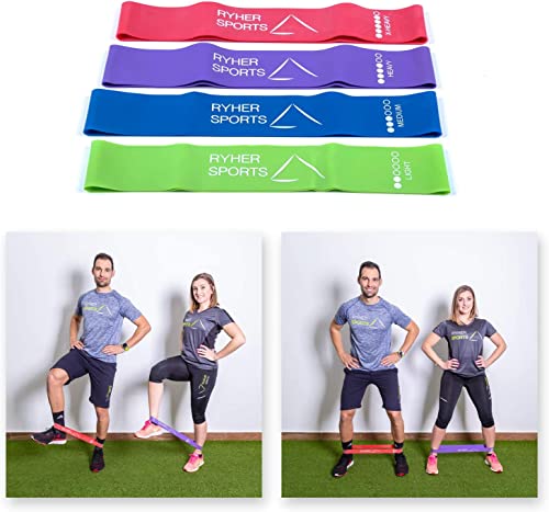 Ryher Set 4 Cintas elasticas musculacion - Bandas de resistencia fitness para CrossFit, Pilates, Ejercicio en casa - Gomas elasticas para hombres y mujeres - Látex - Incluye manual PDF (4 BANDAS)