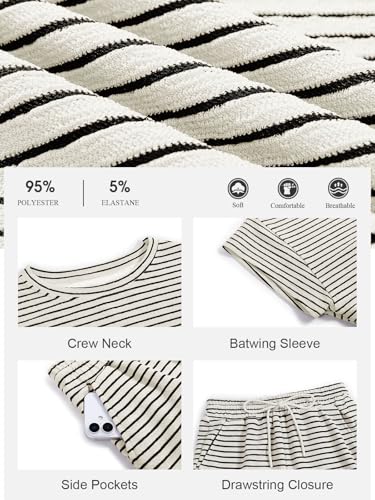 Image of Tankaneo Womens Pajama Sets Striped 2 Piece Lounge Sets Short Sleeve Oversized T Shirts Drawstring Shorts Matching Set