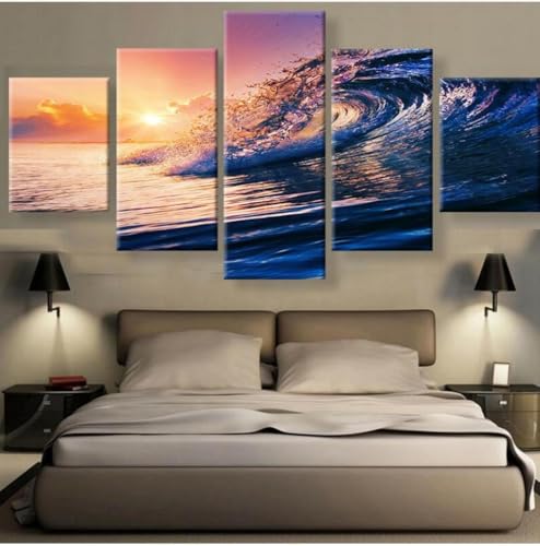 Tableau decoration murale nature avec vagues de l'océan et impression sur toile 5 parties