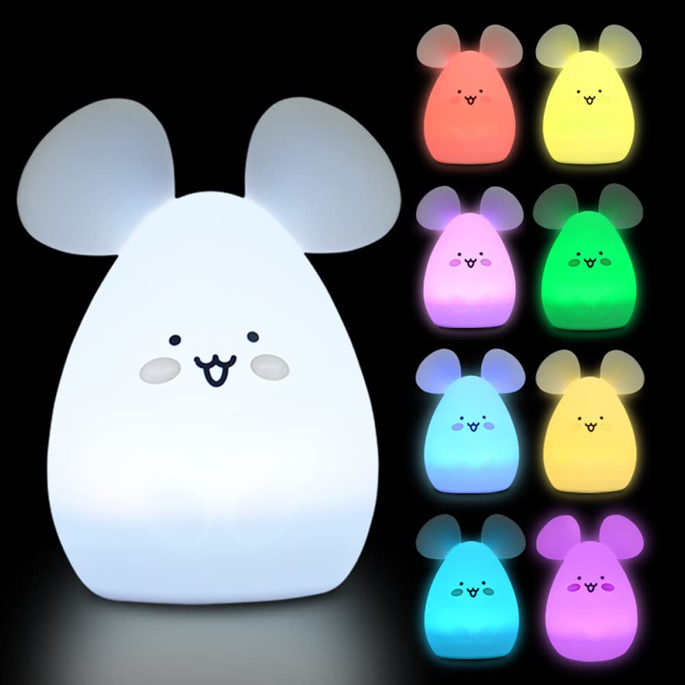 Luz de noche para niños, lindas luces para dormir de ratón para niños, lámpara de noche inteligente USB de 7 colores que cambia con temporizador de sensor táctil, luz cálida de noche recargabl