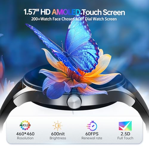 Image of Woneligo Smart Watch for Men Women,1.57inch AMOLED Touchscreen Fitness Watch for iPhone & Android,Heart Rate /Sp02 /Sleep Monitor,110+ Sport Modes IP68 Waterproof Bluetooth Calls,2 Bands (Black, 1.57)
