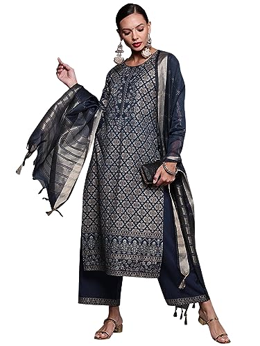 Image of Women Rangpreet Navy Blue Foil Printed Straight Kurta Palazzo With Dupatta Set