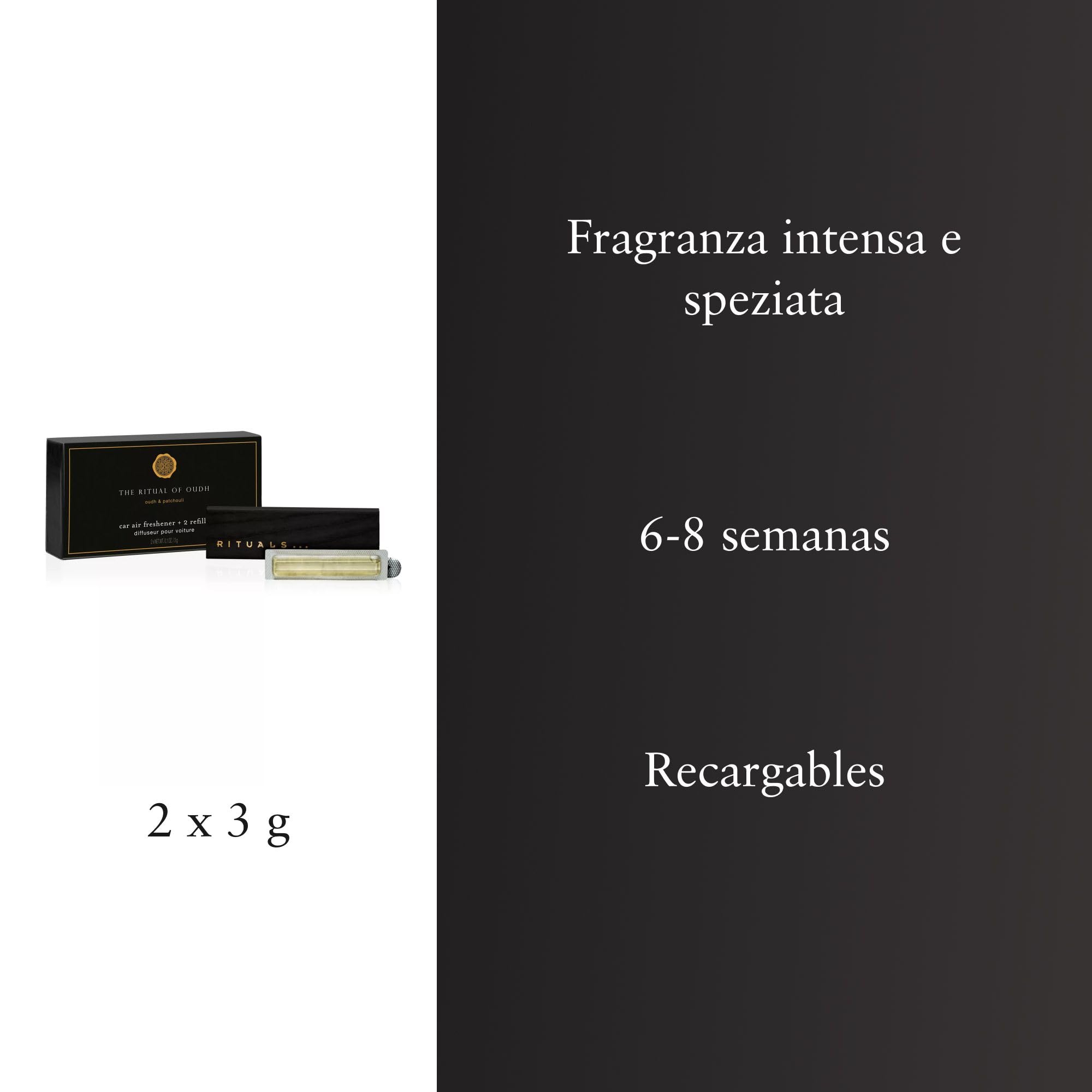 RITUALS Auto Lufterfrischer The Ritual of Oudh – Luxus Parfüm aus der Private Collection – Hält Ihr Fahrzeug monatelang frisch – Passt in jedes mit wiederverwendbarem Holzhalter – 2 x 3g