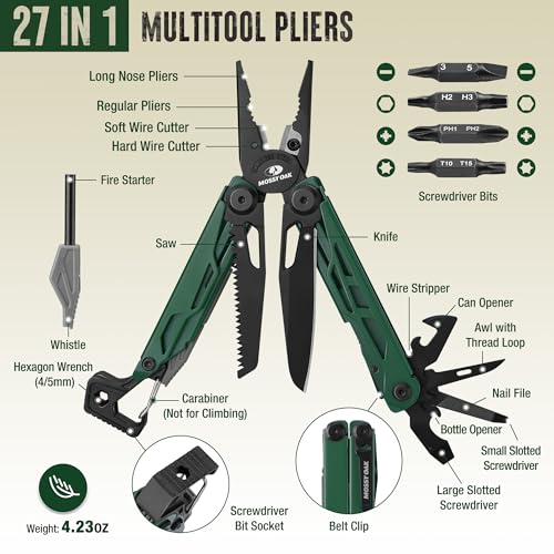 MOSSY OAK CNC-Machined Multitool Pliers, 27-in-1 Multi Tool with Pocket Knife, Fire Starter & Whistle, Bottle Opener, Screwdriver – Self-Locking Survival Tool for Camping & Hiking - Image 4