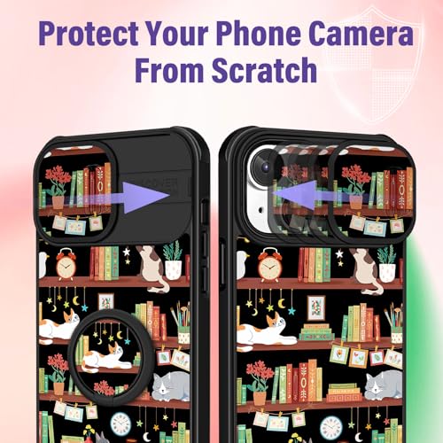 Image of Funermei for iPhone 15 Case - Women Girls Cute Phone Cover Girly Pretty Aesthetic Cat and Books Unique Design with Camera Cover Funda for Apple for iPhone 15