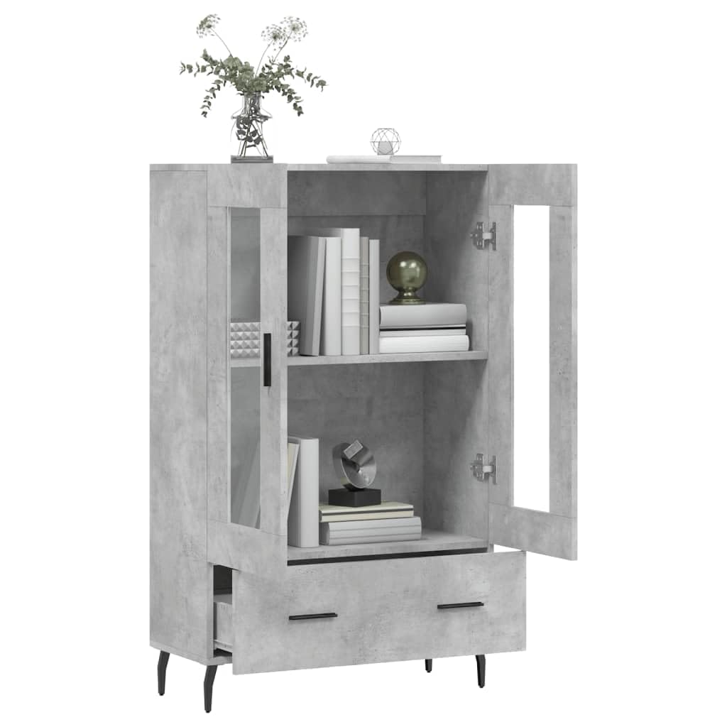 Nowoczesna komoda betonowa szara, 69,5 x 31 x 115 cm, materiał drewnopochodny, ze szklanymi drzwiami i metalowymi nogami, wszechstronne miejsce do przechowywania do salonu i jadalni