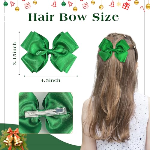 CN 4.5 Inch Green Glitter Hair Bows for Girls Alligator Clips Sparkly Satin Hair Accessories for Kids Toddler Women on Birthday Wedding Christmas and Party