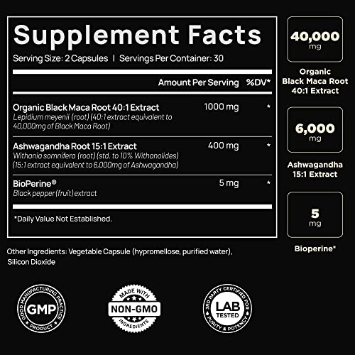 Elmnt 40,000Mg 40X Strength Organic Black Maca Root With Ashwagandha - Highest Potency Black Maca Root Capsules For Men - 100% Pure Maca Peruana Powder Organic, Gelatinized, Non-Gmo - 60 Pills #TOP1
