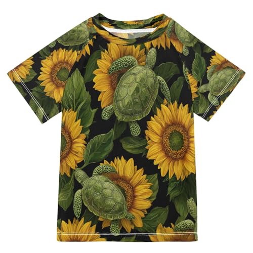 Boys Short Sleeve T-Shirts Sunflower Turtle Floral Rashguard Kids Swim Shirts Sun UPF 50+