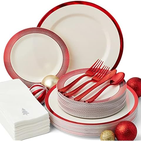 By Madee HEAVYWEIGHT 175 Pc Disposable Christmas Plates and Napkins Set | Ivory Plates Red Trim | Christmas Plates, Holiday Napkins, Silverware | Christmas Party Plate Set to Celebrate (25 Guests) Cover