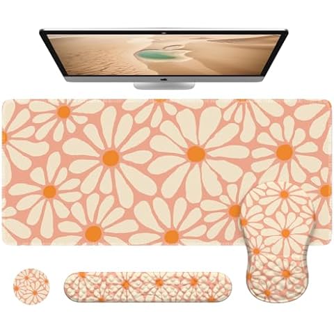 HAOCOO Keyboard and Mouse Pad, Ergonomic Keyboard Wrist Rest, Mousepad with Wrist Rest, Cute Mouse Wrist Rest, Floral Mouse Pad Combo for Gaming, Large Desk Mat Set for Office- Orange Daisy Cover
