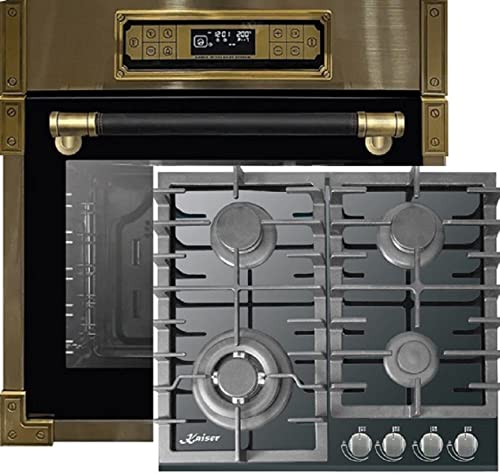 Kaiser Herdset EH 6726 AD + KCG 6383 Turbo, Retro Einbau Backofen 80L, Elektro Backofenset – 11 Betriebsfunktionen + Einbau Gas Kochfeld 60 cm, Schwarz Glas, Antik Gold, Erdgas/Propangas/Fl.Gas