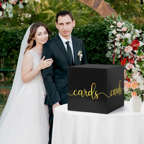 Image of Hooqict Black Card Box with Slot 9.1 inch Gold Foil Gift Card Box for Party, Graduation, Wedding Reception, Birthday, Bridal or Baby Shower, Raffle Ticket Money Envelope Holder