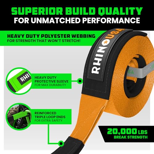 Image of Rhino USA Recovery Tow Strap (2 inchx20')-20,024lb Break Strength- Emergency Recovery Strap Tow Rope for UTV, ATV & More-Heavy Duty Towing Strap for Offroad 4x4 Use-Compatible with RZR and Can-Am (Orange)
