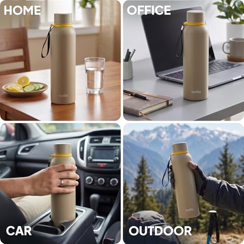 Image of CELLO Duro Kent Gen-X Stainless Steel Flask 520ml Beige | Wide Mouth with Carrying Loop, Leak Proof Double Wall Vacuum Insulated Hot and Cold Flask Water Bottle For Office Gym Biking Outdoor Hydration