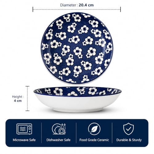 Image of Ceramic Dinner Plates Set of 2, 20.4 cm Round Plates with Blue Floral Pattern, Ceramic Serving Plates, Microwave & Dishwasher Safe for Dinner, Snacks & Desserts(Cherry Blossom Pattern, PACK OF 2)