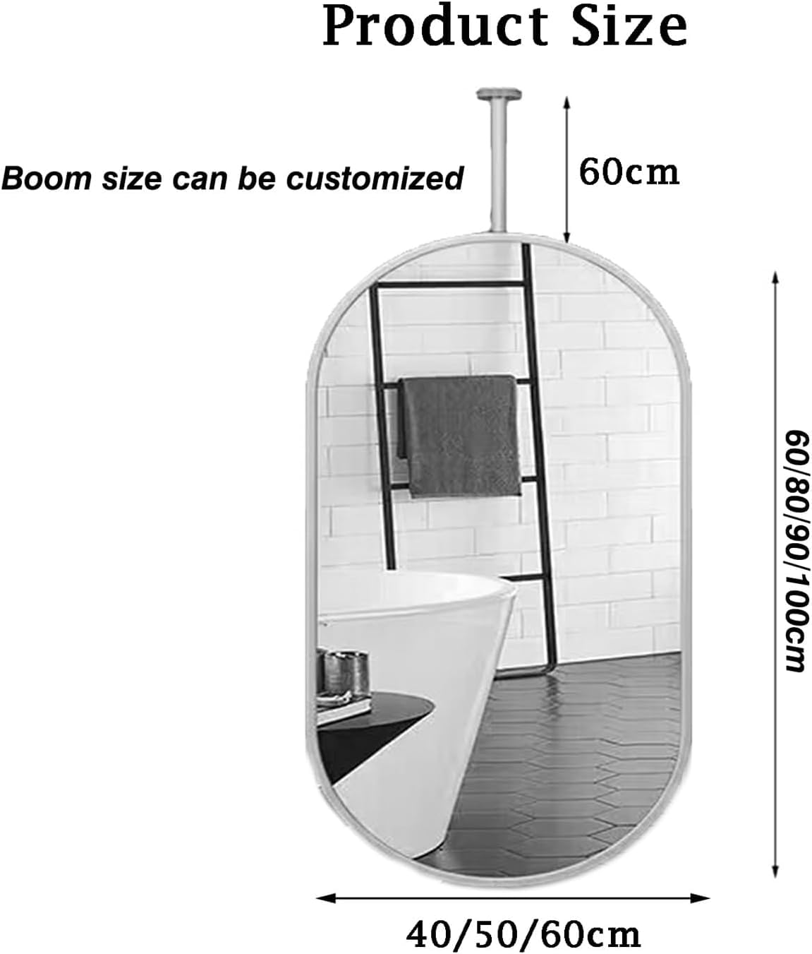 Specchio Galleggiante da Soffitto con Asta Ovale E Cornice in Metallo, Adatto per Casa O Hotel, White, 80L x 40W cm