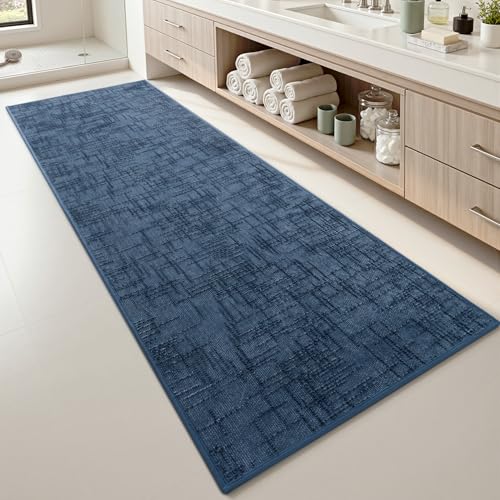 AMOAMI Bath Mat Non Slip Super Absorbent Quick Dry Bath Mats for Bathroom Floor Rubber Backing Washable Bathroom Rugs Modern Woven Jacquard Mat, Beside Tub Bath Rugs, 2' x 6', Blue Blue 2' x