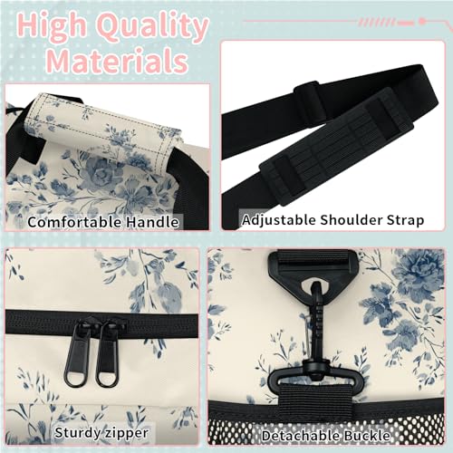 Flowers Blue Watercolor Retro Travel Duffel Bag Weekender Overnight Bags for Women Men Foldable Waterproof Tote Bag with Trolley Sleeve3