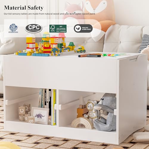 Image of Easyego Kid Sensory Table with Storage - Activity Table with Building Block Boards & Foldable Storage Bins, Birthday Gifts for Boys and Girls - White