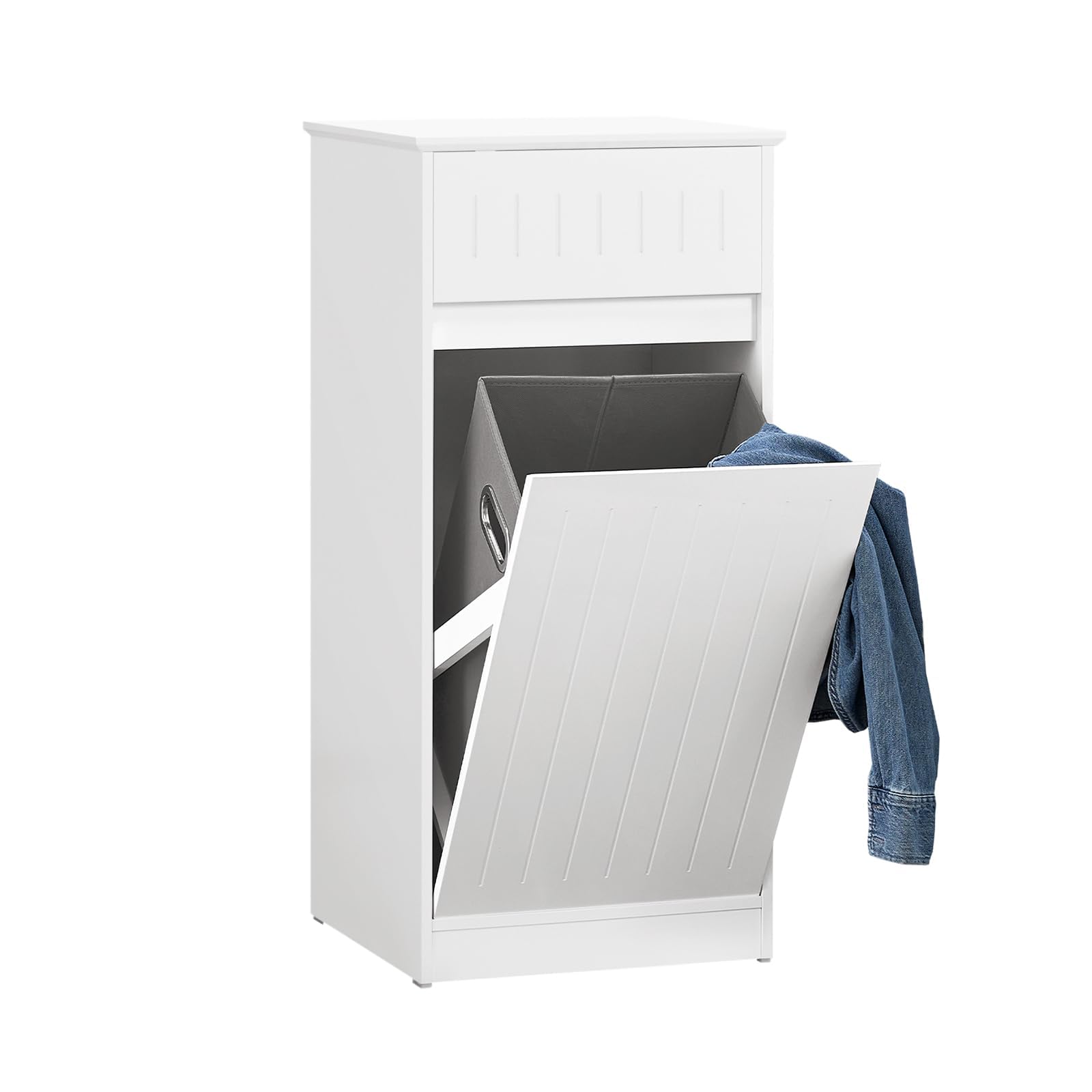 SoBuy Badkamerkast, Lage Kast, Smal Badkamerkastje, Halfhoge Opbergkast, Opbergplank, Badkamermeubel met 1 Kantelbare Wasmand voor Badkamer, kleur Hout en Grijze, 31,5 x 30 x 86 cm, BZR132-NG