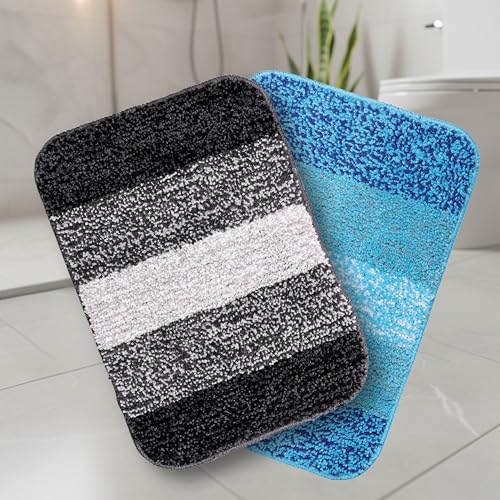 Image of SARAL HOME EASY LIVING Microfiber Striped Anti-Skid Bath Rectangular Mats,35x50cm |Set of 2(Turquoise & Black)